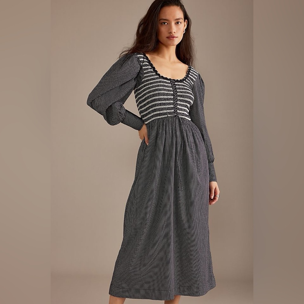 Brand New Damson Madder Hermione Shirred Polka Dot Poplin Midi Dress With Tags